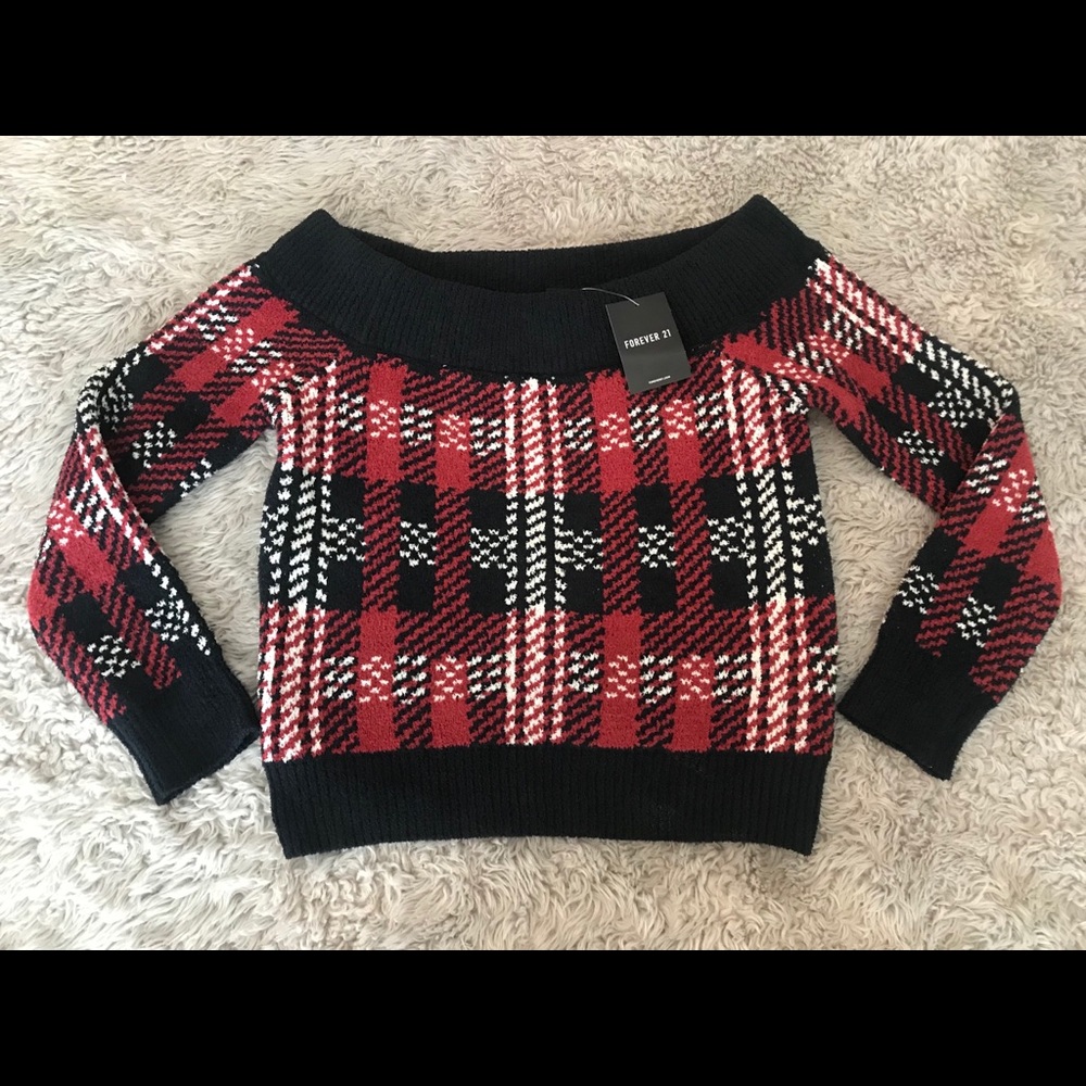 Forever 21 fall red black white sweater plaid